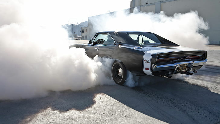 Dodge Charger RT Burnout Smoke HD, black muscle car, cars, HD wallpaper