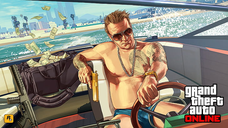 boat, Grand Theft Auto V, Grand Theft Auto V Online, gun, money, HD wallpaper