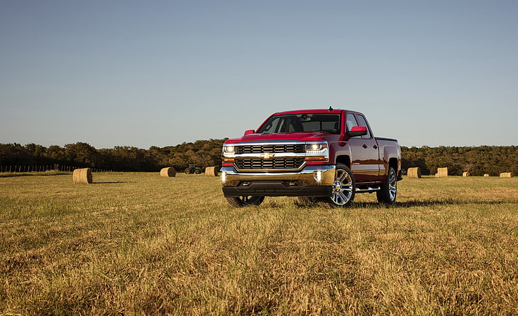 red Chevrolet Silverado crew cab pickup truck, double cab, front view, HD wallpaper