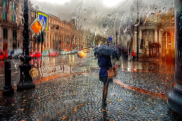 woman holding umbrella painting, girl, drops, rain, Saint Petersburg