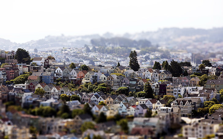 assorted-color houses, tilt lens of white and black concrete houses