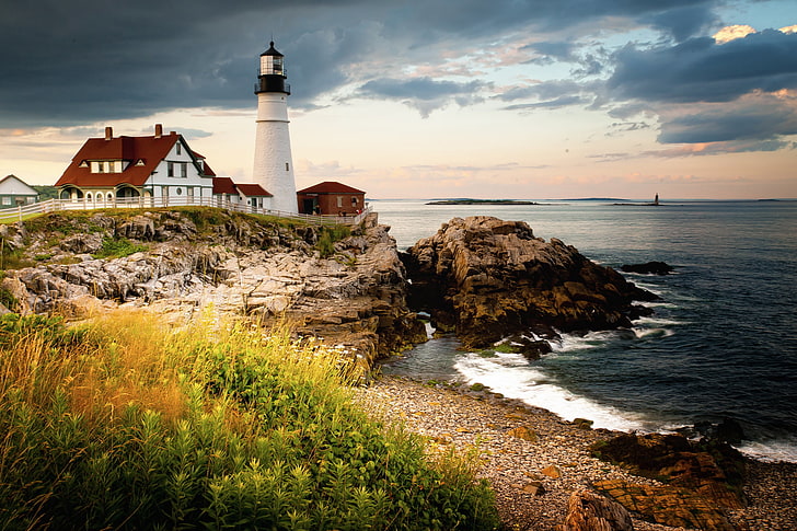 white and black lighthouse, coast, Maine, Cape Elizabeth, Portland Head Light, HD wallpaper