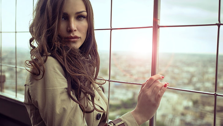 women, brunette, red nails, long hair, trench coat, coats, looking at viewer