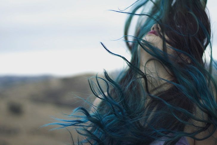 women, dyed hair, blue hair, one person, long hair, wind, environment