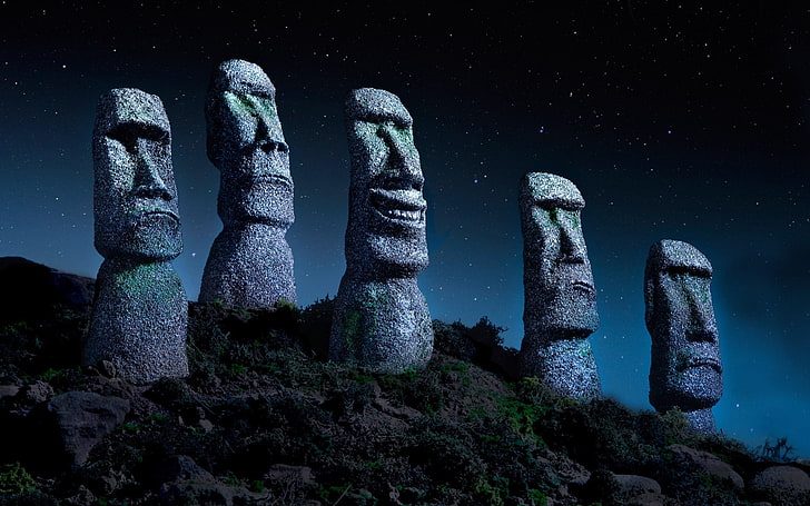 Chile, Easter Island, landscape, Moai, Monuments, nature, Starry Night, HD wallpaper