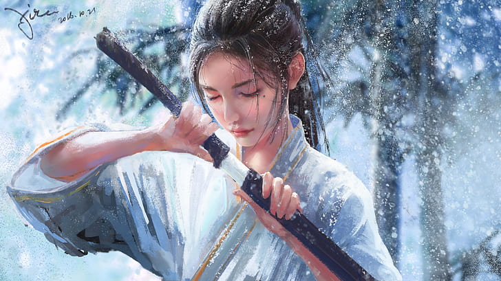 HD wallpaper: Fantasy, Samurai, Girl, Snowfall, Snowflake ...