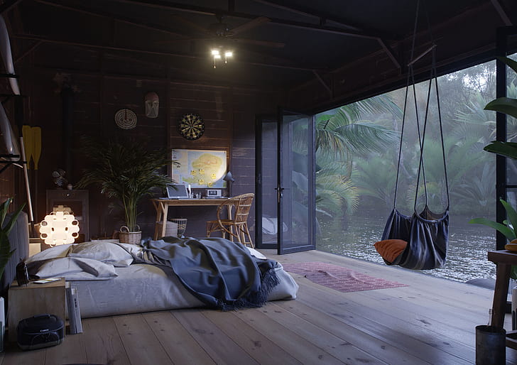 house, room, interior, interior design, wooden surface, swings, HD wallpaper