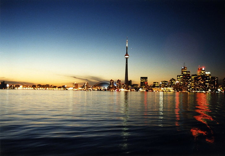 body of water, city, cityscape, city lights, Toronto, night, urban
