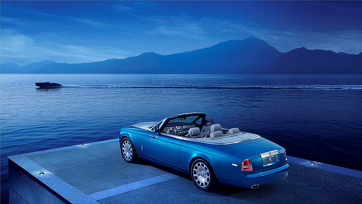 blue convertible coupe, car, Rolls-Royce, blue cars, boat, mountains