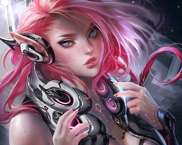 pink haired elf with gray headset digital arwork, anime girls, HD wallpaper