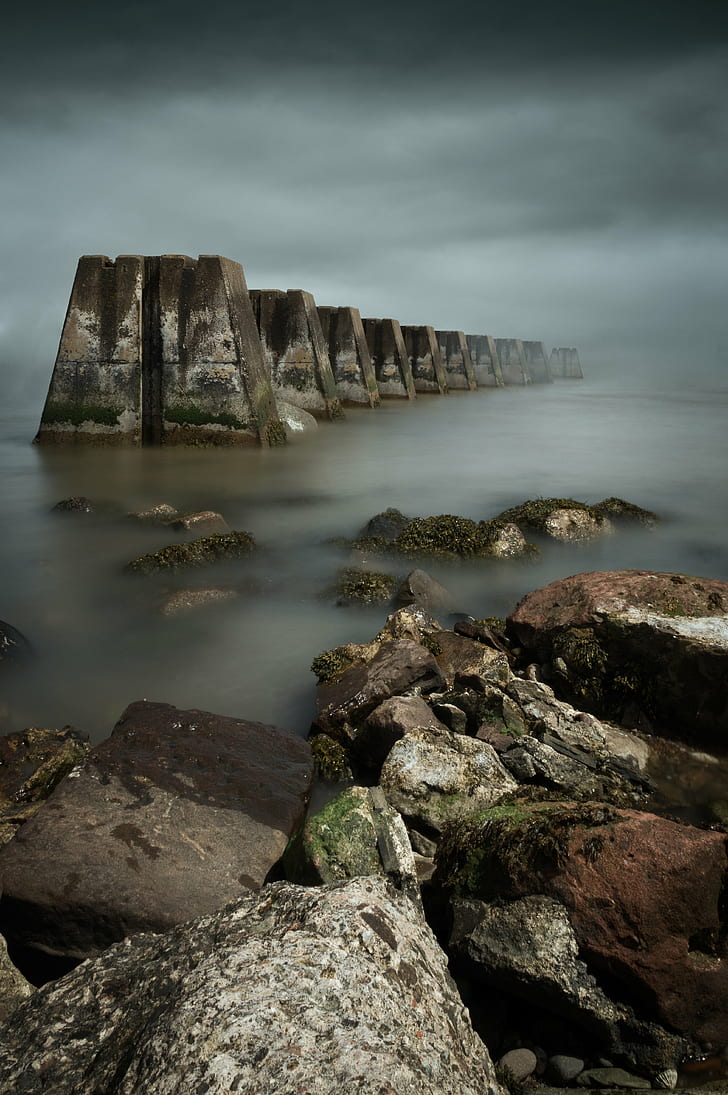 grey rock formations in fogs, Concrete, Leviathan, Arbroath, harbour, HD wallpaper