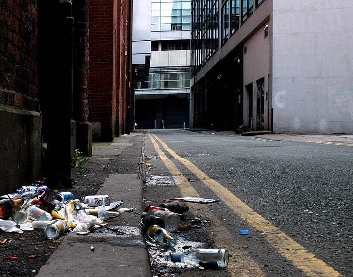 dirty, downtown, manchester, morning, street, trash, city, architecture