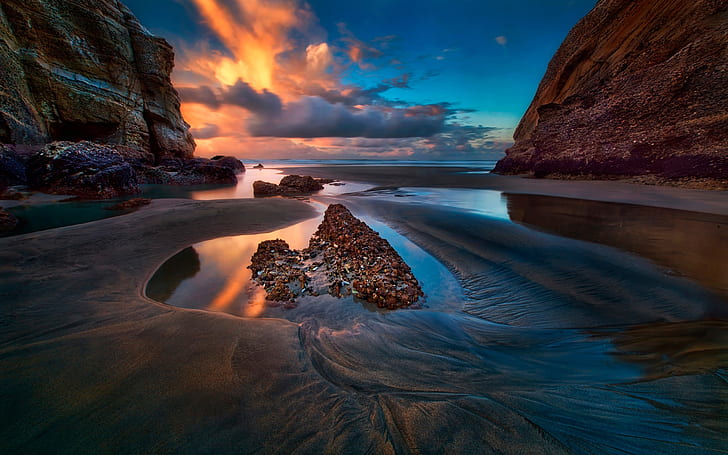 Sea, rocks, sky, clouds, sunset, beach wet sand
