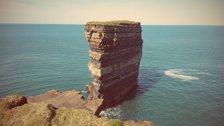 gray sea rock, nature, landscape, waves, coast, cliff, horizon, HD wallpaper