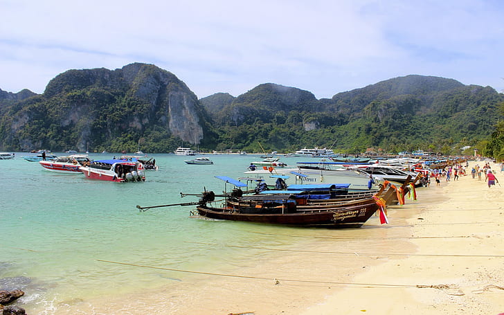 Koh Phi Phi, Thailand, Beach, Long Boat, HD wallpaper