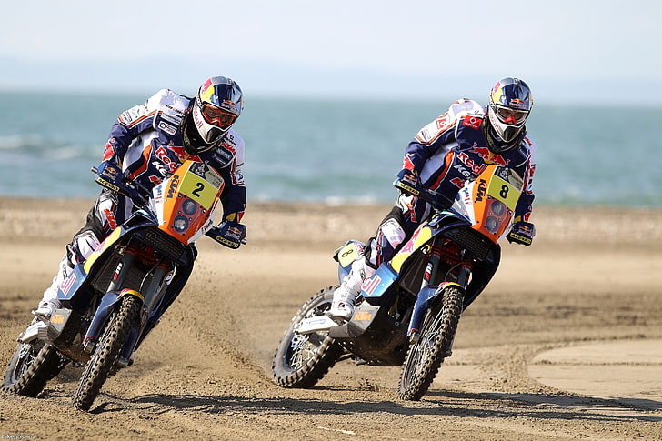 two black-and-multicolored motocross dirt bikes, motorcycle, race