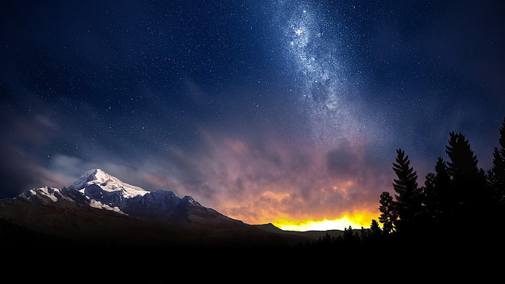 mountain silhouette, space, Milky Way, mountains, trees, sky