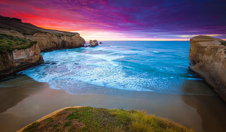 sunset, cliff, beach, sea, grass, clouds, coast, water, blue