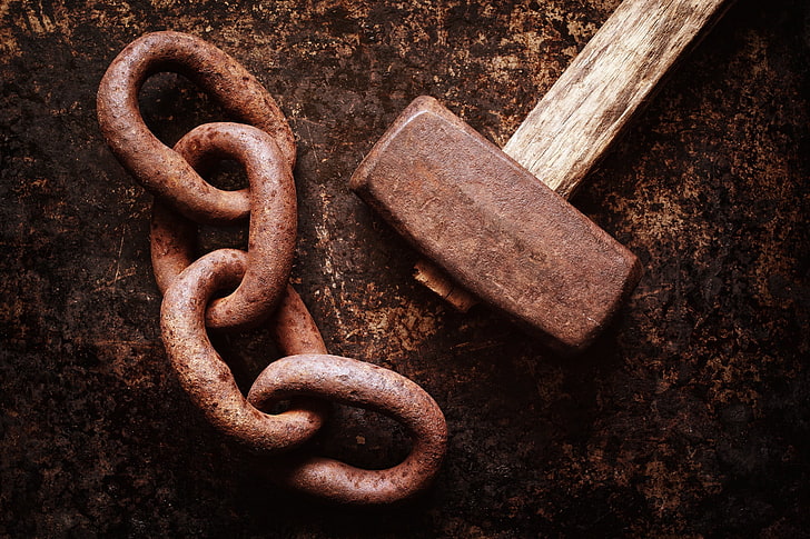 hammer, chains, rust, metal, rusty, close-up, no people, strength