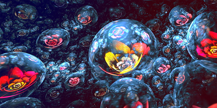 red and yellow petaled flower inside bubbles digital wallpaper, HD wallpaper