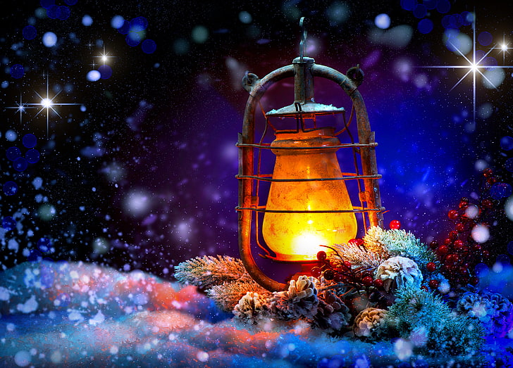 brown lantern illustration, snow, night, New Year, Christmas