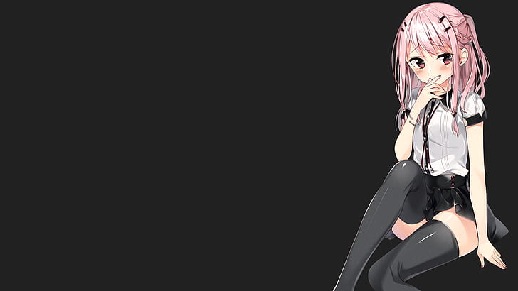 anime girls, minimalism, pink hair, pink eyes, black background