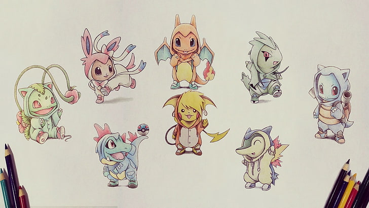 Pokemons illustration, Pokémon, drawing, video games, art and craft, HD wallpaper