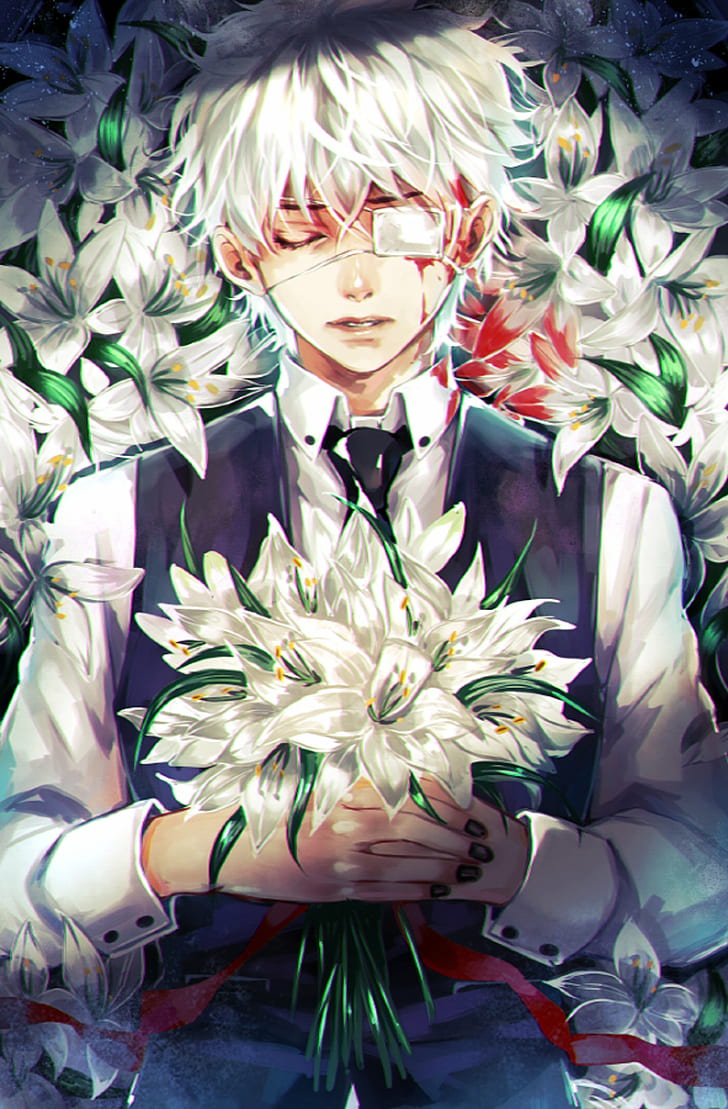 anime, blood, dead, flower, guy, white, HD wallpaper