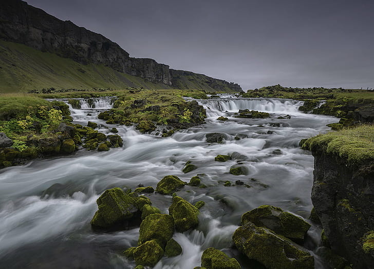 time lapse photography of river, moss, skaftafell, iceland, moss, skaftafell, iceland, HD wallpaper