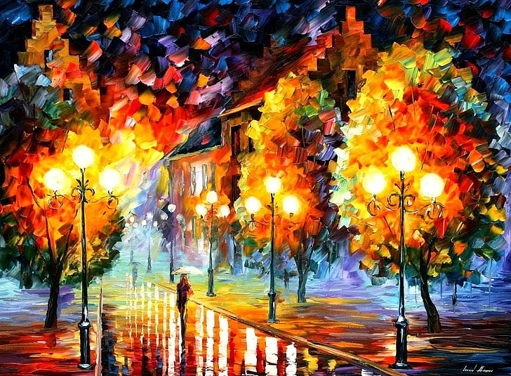trees and house artwork, person holding umbrella walking in street beside streetlight painting