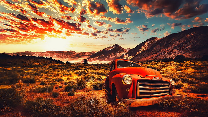 red vehicle, road, USA, California, desert, sand, sky, scenics - nature