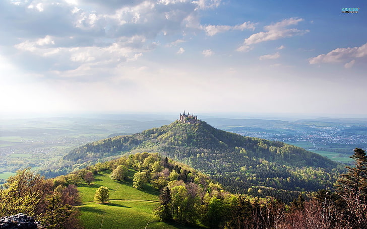 green mountain, landscape, castle, trees, forest, Burg Hohenzollern, HD wallpaper