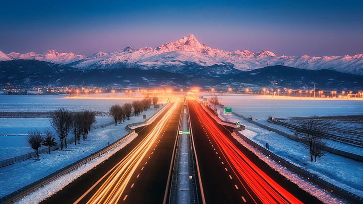 motorway, pinerolo, turin, dusk, europe, italy, alps, horizon, HD wallpaper