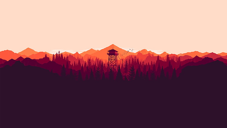 brown tower house digital wallpaper, orange and red mountain illustration