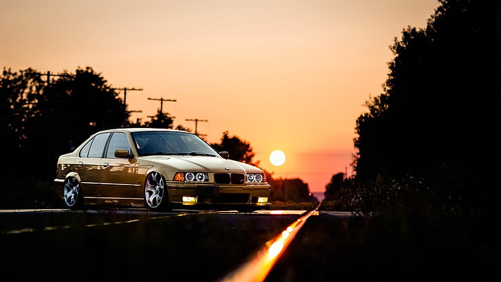 car, BMW, railway, BMW E36, sunset, mode of transportation, HD wallpaper