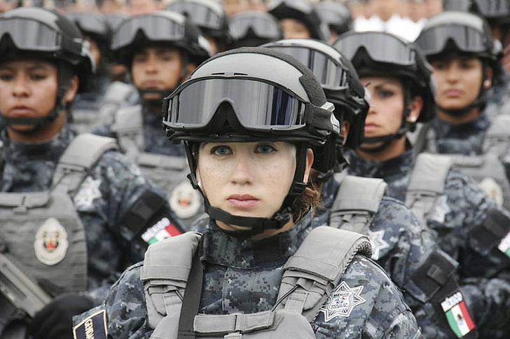 women's black helmet and combat uniform, police, Mexican police