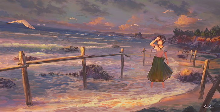 HD wallpaper: anime girl, beach, ocean, waves, birds, clouds, scenic,  landscape | Wallpaper Flare