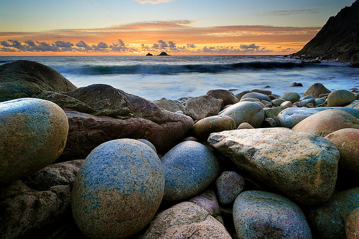 gray rocks near body of water, Cove, Cornwall, St.Just, sunset  coast