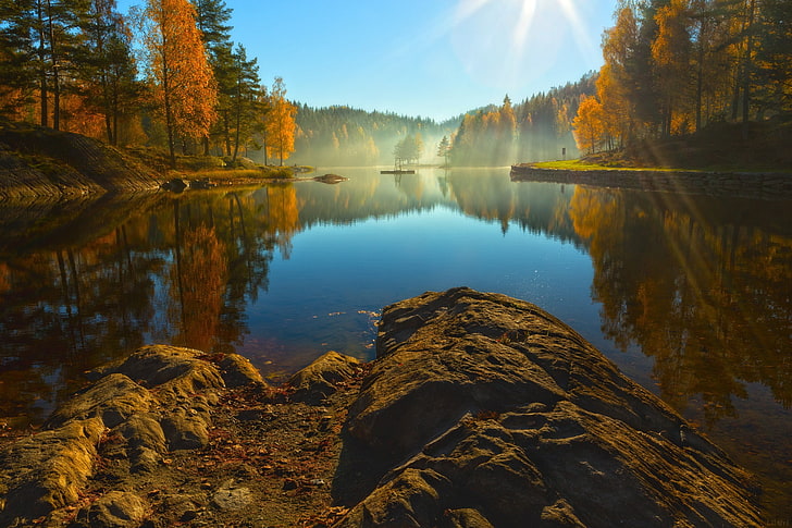 landscape, rocks, water, trees, Sun, nature, lake, reflection, HD wallpaper