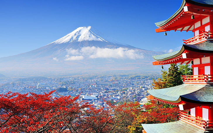 Mt. Fuji, Japan, mountains, Mount Fuji, Asian architecture, building