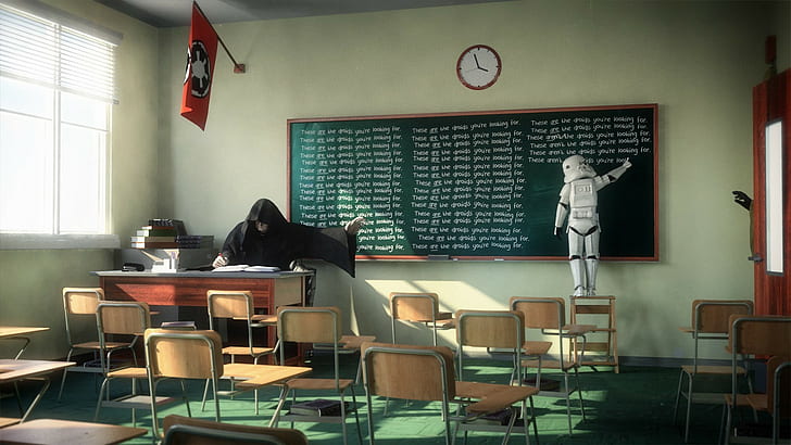 Star Wars, Classroom, Robot, Black Board, Chairs, Desk, Books, Flag