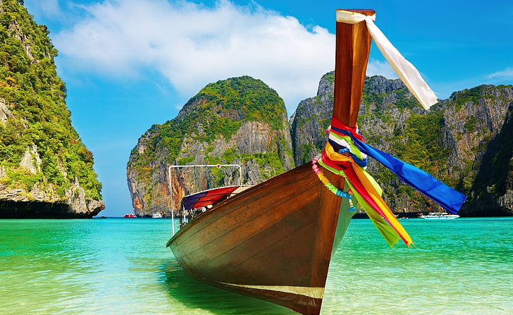 Asia Beaches, brown boat, Travel, Islands, Ocean, Exotic, Summer, HD wallpaper