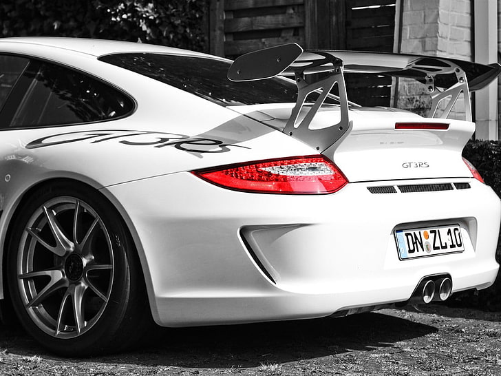 white Mercedes-Benz car, Porsche 911, Porsche 911 GT3 RS, selective coloring