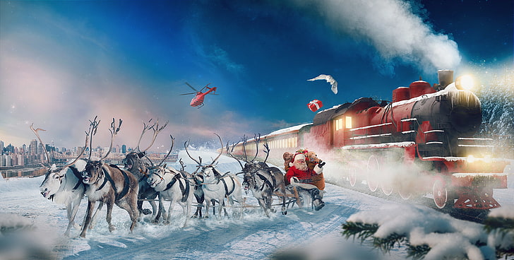 Snow, Winter, 4K, Gifts, Reindeer Chariot, Polar Express, Santa Claus