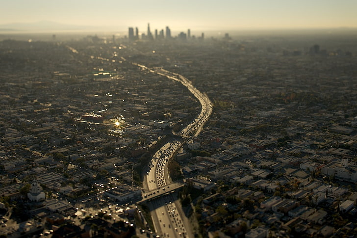 topview of city, Los Angeles, highway, road, aerial view, cityscape, HD wallpaper