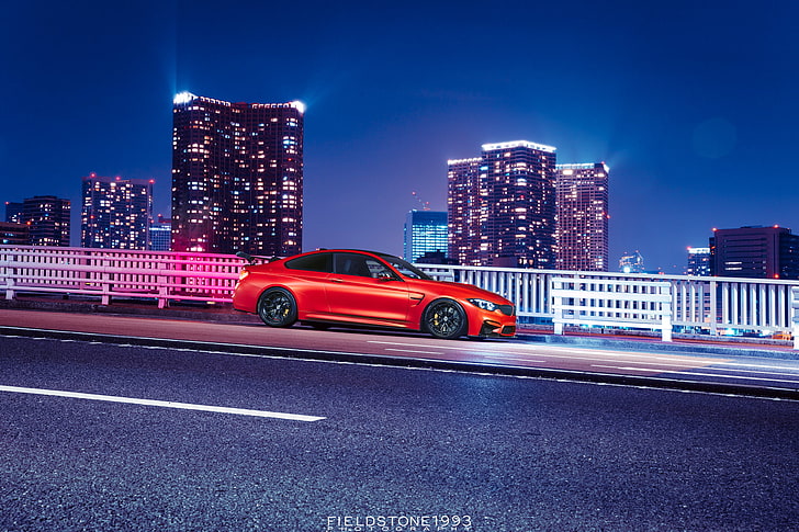 car, vehicle, red cars, BMW M4, street, outdoors, night, city