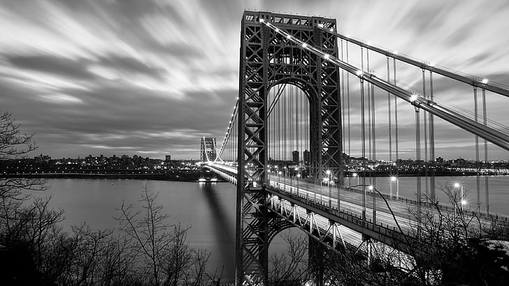 bridge, monochrome, city, George Washington Bridge, New York City, HD wallpaper