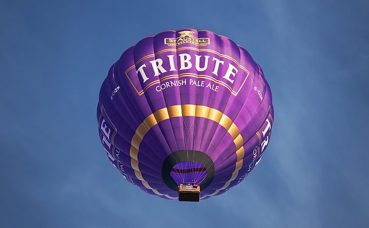 purple hot air balloon, flying, sky, logo, adventure, travel, HD wallpaper