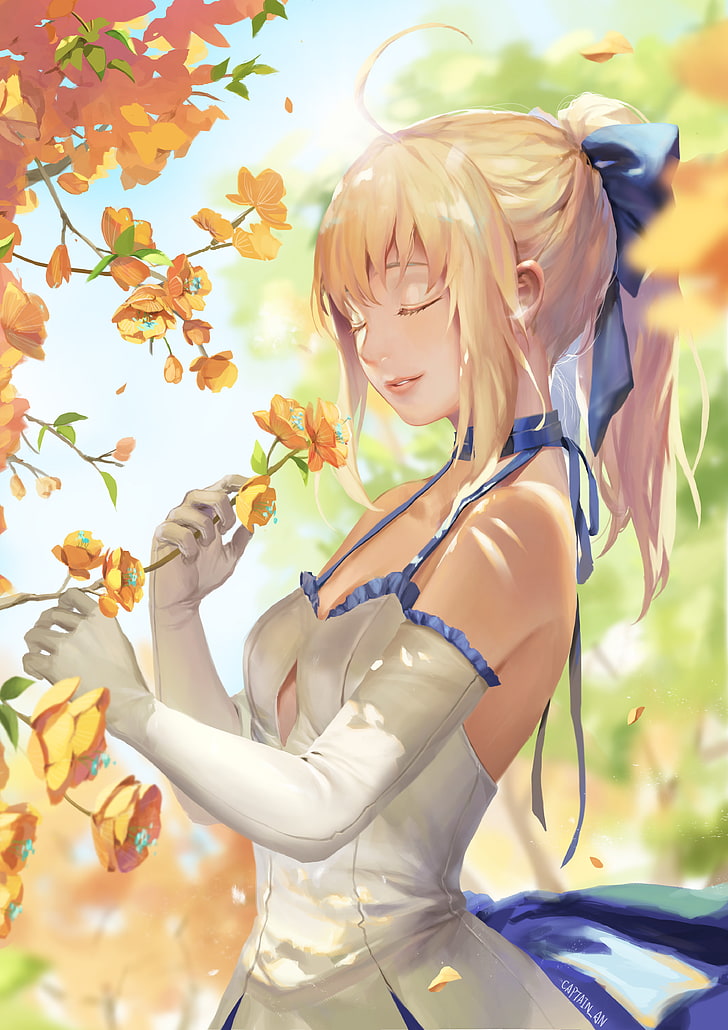 cleavage, dress, Fate/Grand Order, Saber, Saber Lily, beauty, HD wallpaper