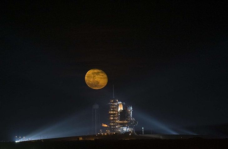 astronaut, boosters, endeavour, full moon, launch, lunar, night, HD wallpaper
